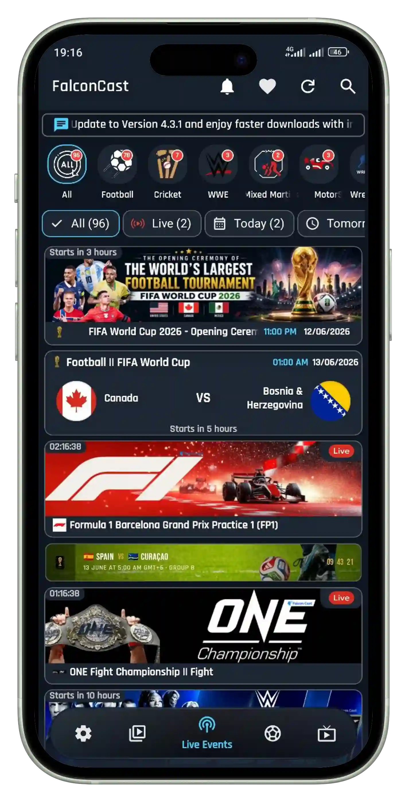 FalconCast app preview — live TV & sports streaming on Android