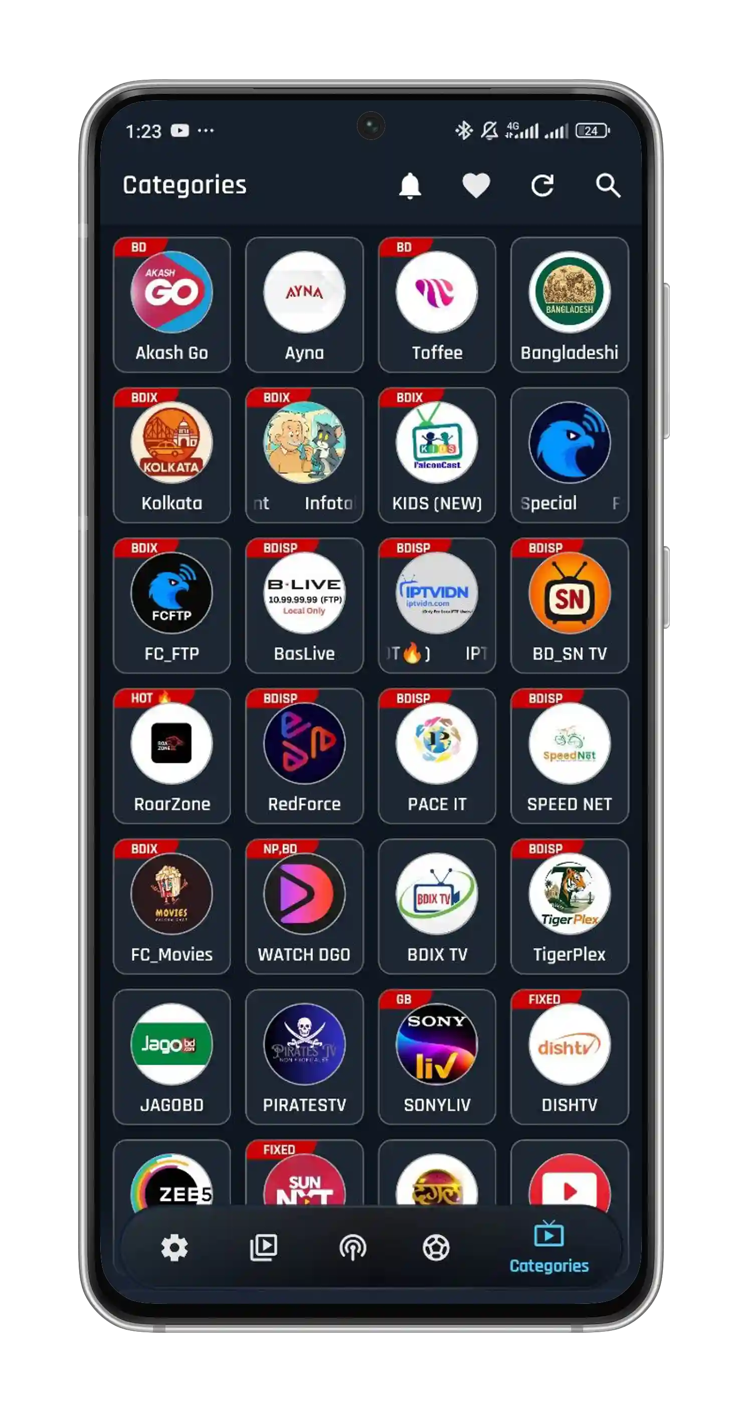 FalconCast categories screen