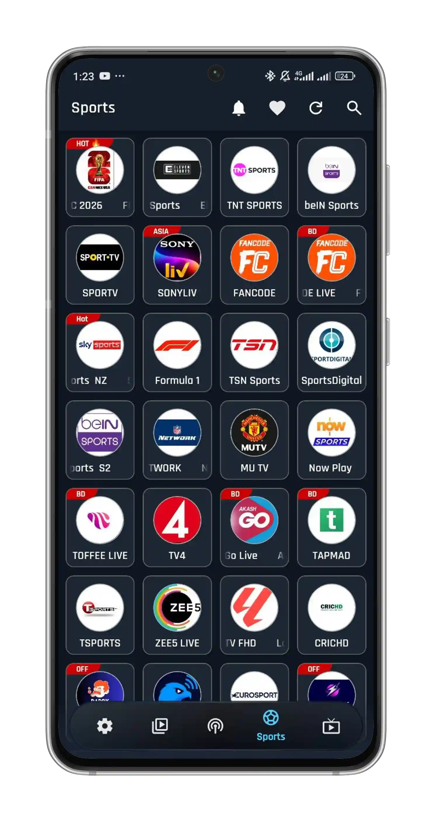 FalconCast live sports channel screen