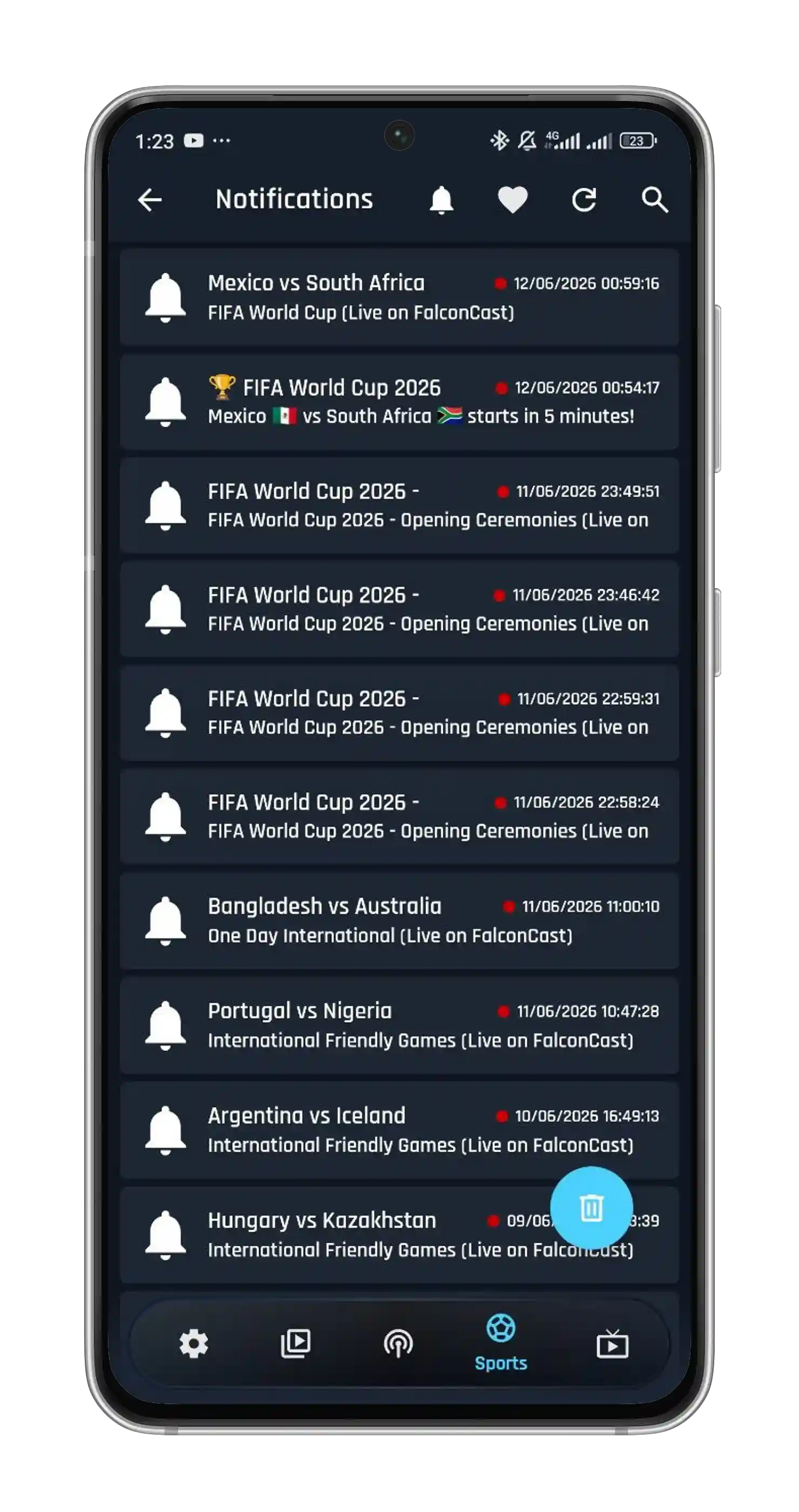 FalconCast notifications screen