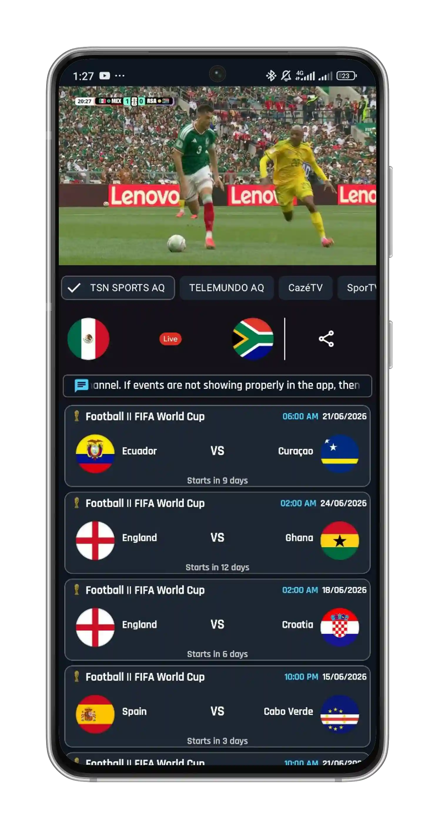 FalconCast portrait live player screen