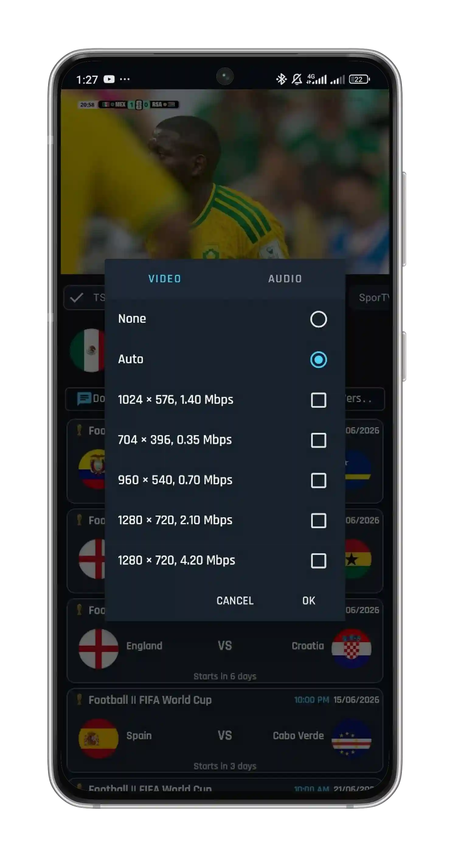 FalconCast portrait live player settings screen
